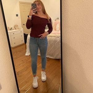 Off the shoulder maroon sweater